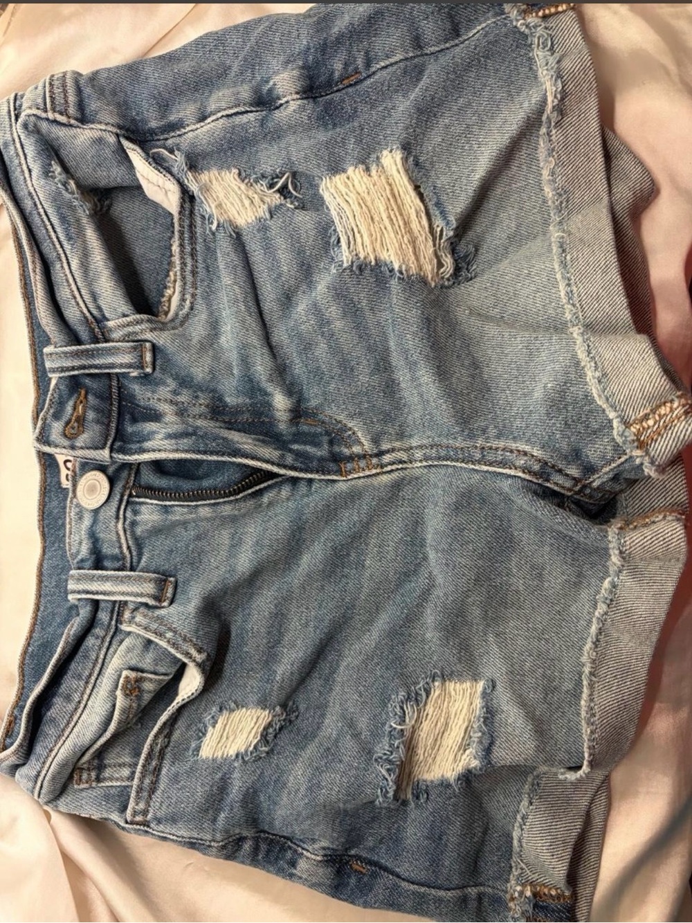 SO Light Blue Distressed High-Waist Denim Shorts